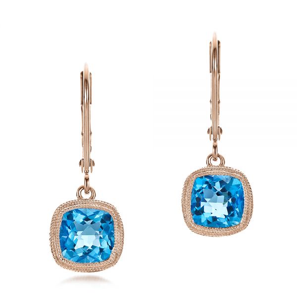 14k Rose Gold 14k Rose Gold Antique Cushion Blue Topaz Earrings - Three-Quarter View -  100459