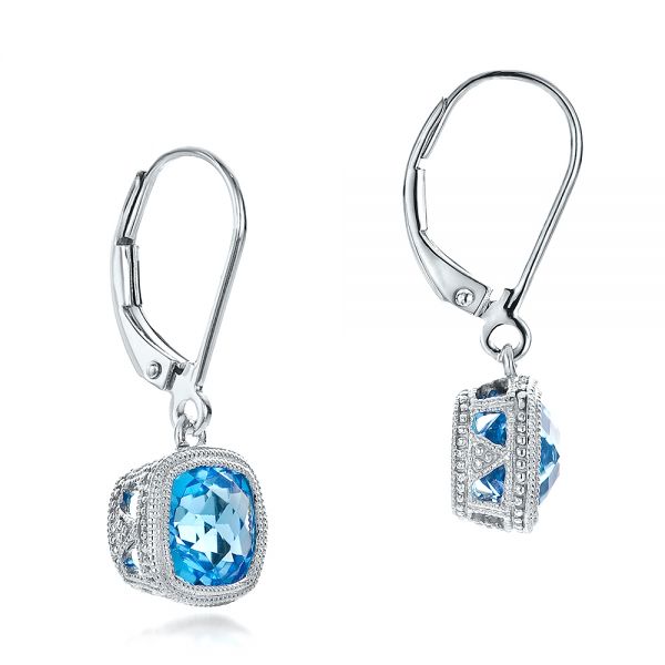 14k White Gold Antique Cushion Blue Topaz Earrings - Front View -  100459