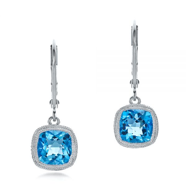 14k White Gold Antique Cushion Blue Topaz Earrings - Three-Quarter View -  100459