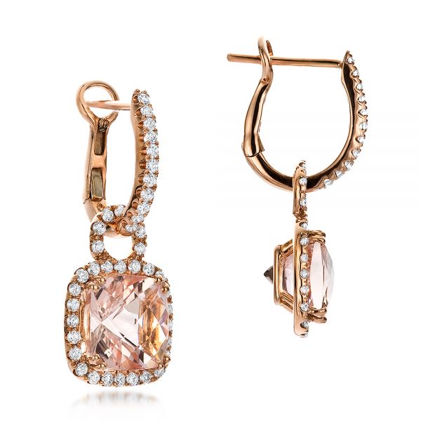 14k Rose Gold Antique Cushion Morganite And Diamond Halo Earrings - Front View -  100455