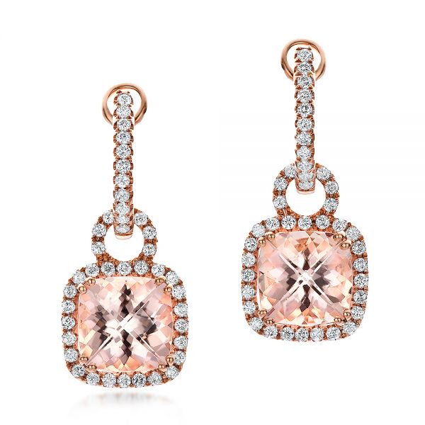 14k Rose Gold Antique Cushion Morganite And Diamond Halo Earrings - Three-Quarter View -  100455