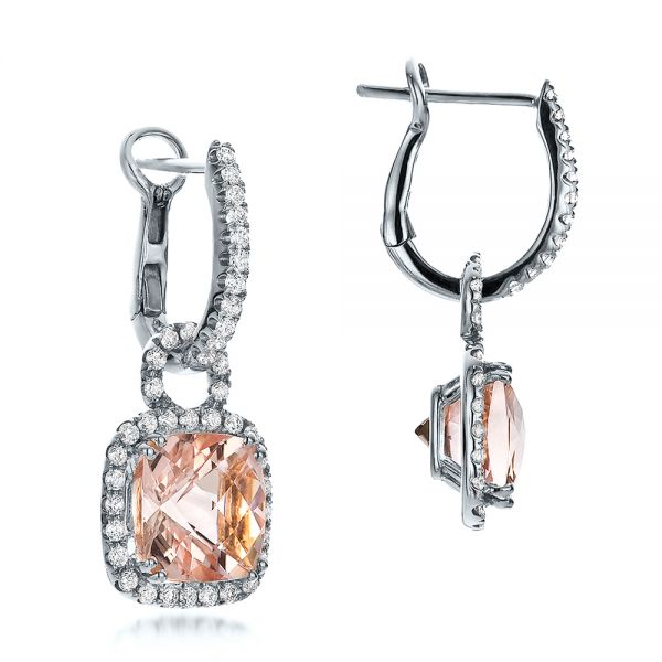 14k White Gold 14k White Gold Antique Cushion Morganite And Diamond Halo Earrings - Front View - 100455