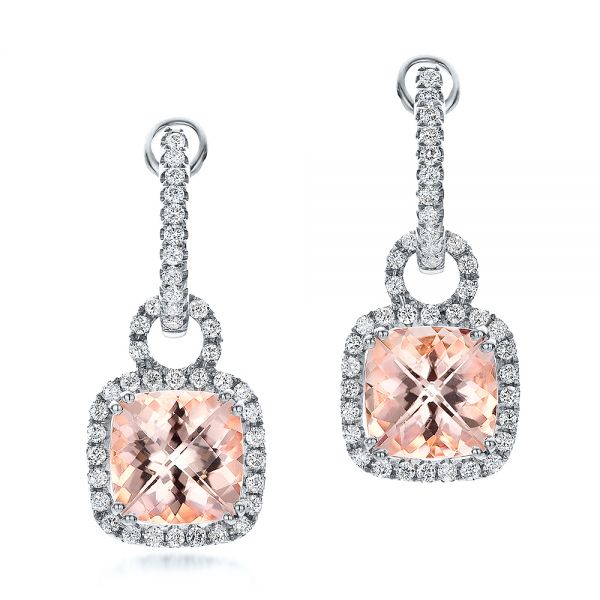 18k White Gold 18k White Gold Antique Cushion Morganite And Diamond Halo Earrings - Three-Quarter View -  100455