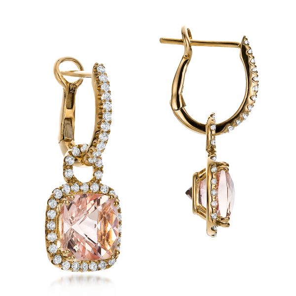 18k Yellow Gold 18k Yellow Gold Antique Cushion Morganite And Diamond Halo Earrings - Front View -  100455