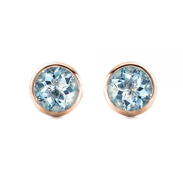 18k Rose Gold 18k Rose Gold Aquamarine Bezel Set Stud Earrings - Three-Quarter View -  101030