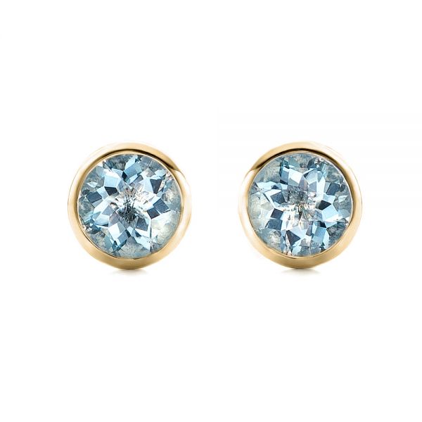 18k Yellow Gold 18k Yellow Gold Aquamarine Bezel Set Stud Earrings - Three-Quarter View -  101030