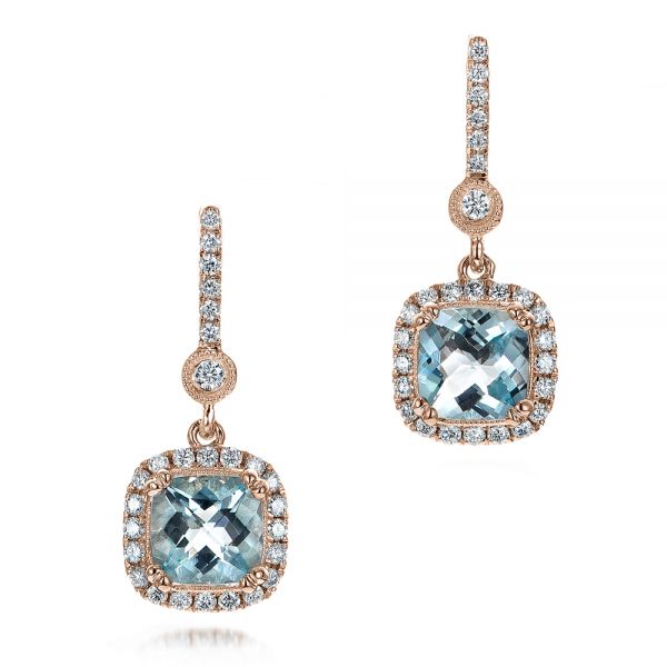 14k Rose Gold 14k Rose Gold Aquamarine Drop Halo Earrings - Three-Quarter View -  100981