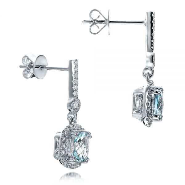 14k White Gold Aquamarine Drop Halo Earrings - Front View - 100981