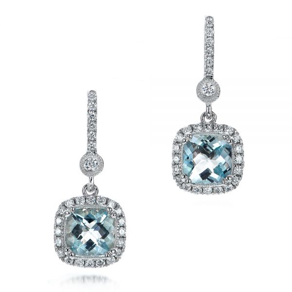 18k White Gold 18k White Gold Aquamarine Drop Halo Earrings - Three-Quarter View -  100981