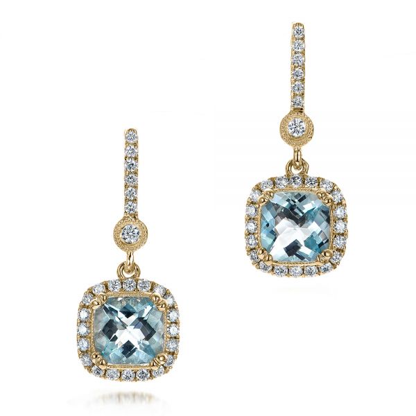 14k Yellow Gold 14k Yellow Gold Aquamarine Drop Halo Earrings - Three-Quarter View -  100981