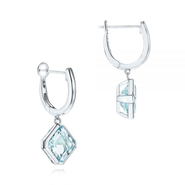 14k White Gold 14k White Gold Aquamarine Huggies - Front View - 106551