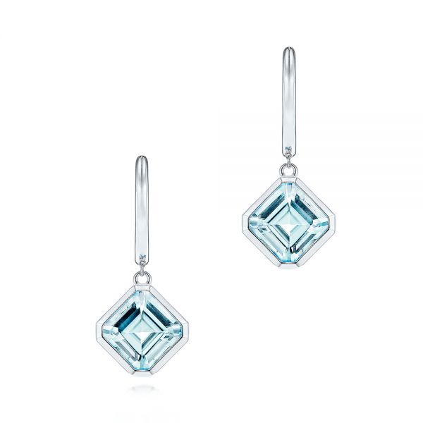 18k White Gold 18k White Gold Aquamarine Huggies - Three-Quarter View -  106551