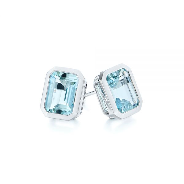 14k White Gold Aquamarine Stud Earrings - Front View -  105414