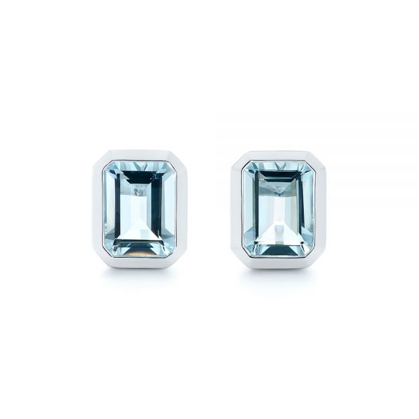 14k White Gold Aquamarine Stud Earrings - Three-Quarter View -  105414