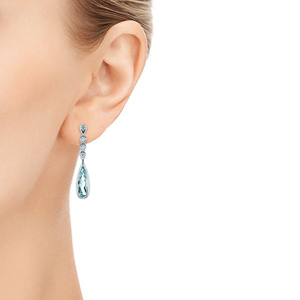 14k White Gold Aquamarine And Diamond Drop Earrings - Hand View -  105396