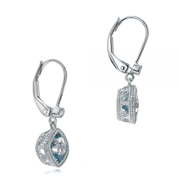 14k White Gold Aquamarine And Diamond Earrings - Front View - 100982
