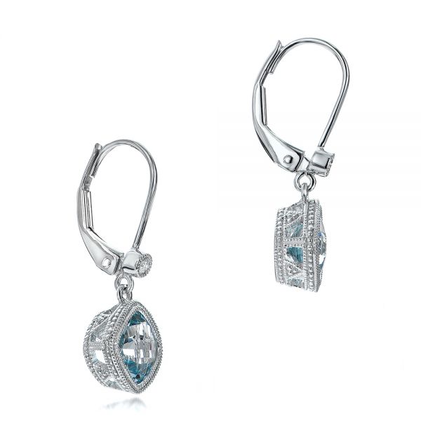 14k White Gold Aquamarine And Diamond Earrings - Front View -  100982