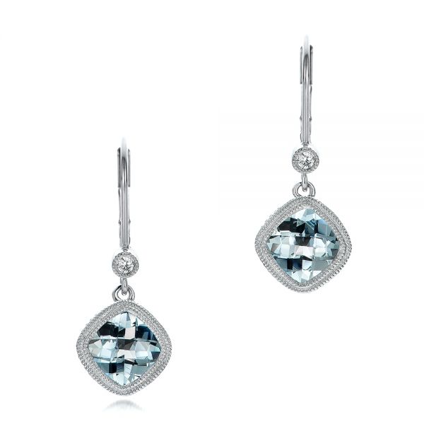 14k White Gold Aquamarine And Diamond Earrings - Three-Quarter View -  100982