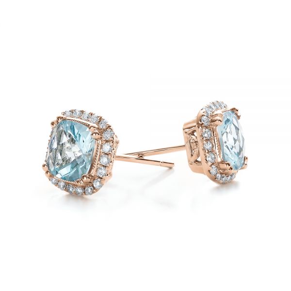 14k Rose Gold 14k Rose Gold Aquamarine And Diamond Halo Earrings - Front View -  101015