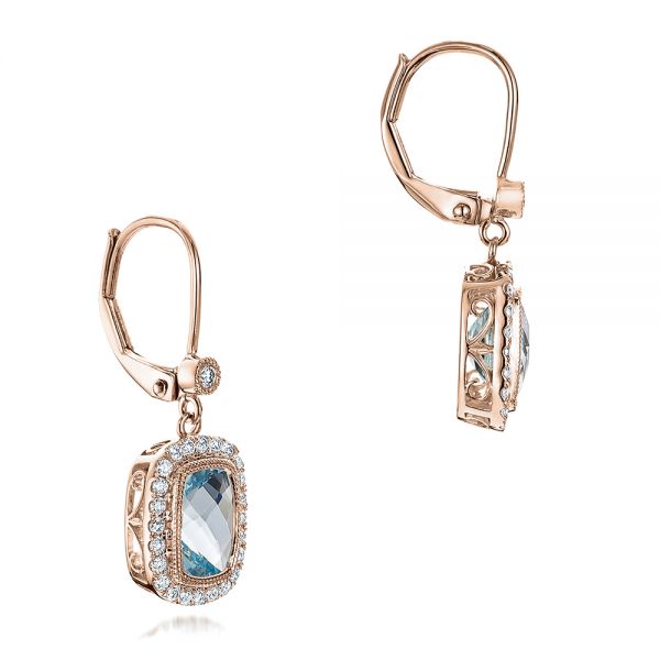 18k Rose Gold 18k Rose Gold Aquamarine And Diamond Halo Earrings - Front View -  101937