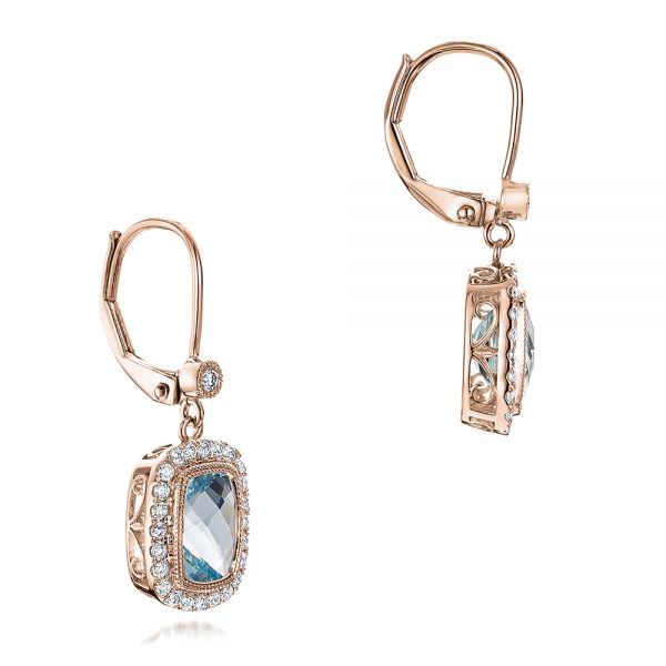 14k Rose Gold 14k Rose Gold Aquamarine And Diamond Halo Earrings - Front View - 101937