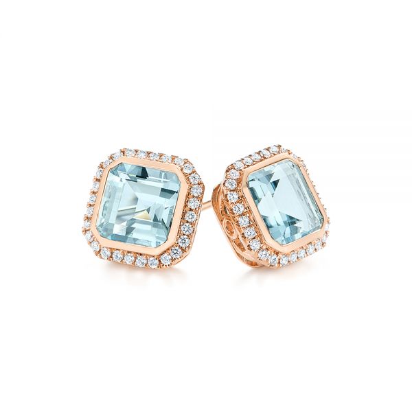 14k Rose Gold 14k Rose Gold Aquamarine And Diamond Halo Earrings - Front View -  105442