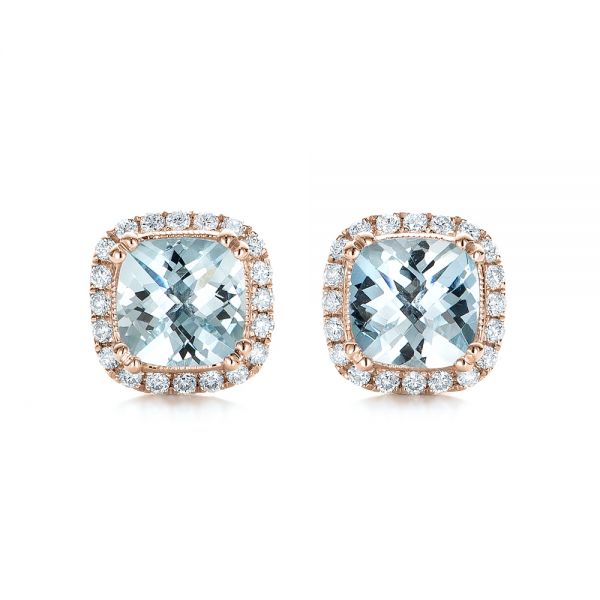 14k Rose Gold 14k Rose Gold Aquamarine And Diamond Halo Earrings - Three-Quarter View -  101015