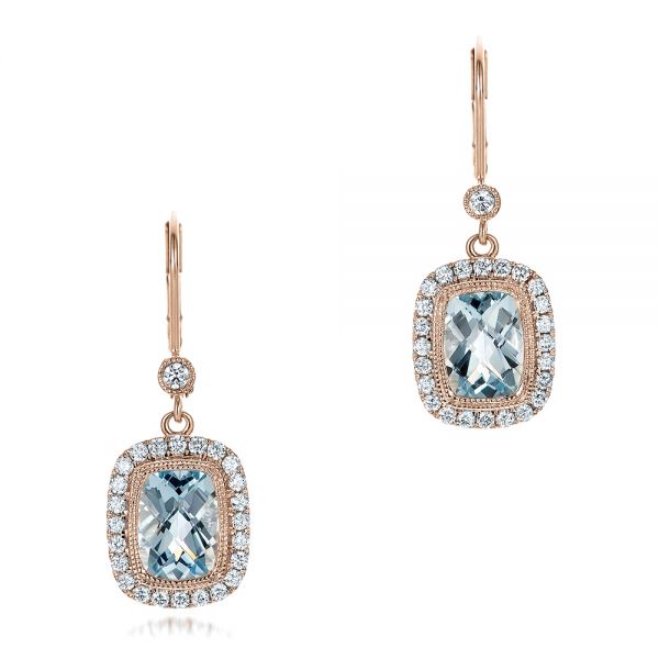 14k Rose Gold 14k Rose Gold Aquamarine And Diamond Halo Earrings - Three-Quarter View -  101937