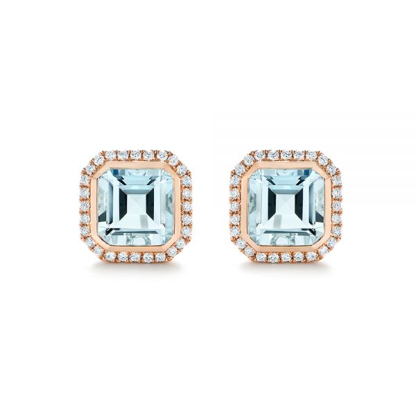 18k Rose Gold 18k Rose Gold Aquamarine And Diamond Halo Earrings - Three-Quarter View -  105442