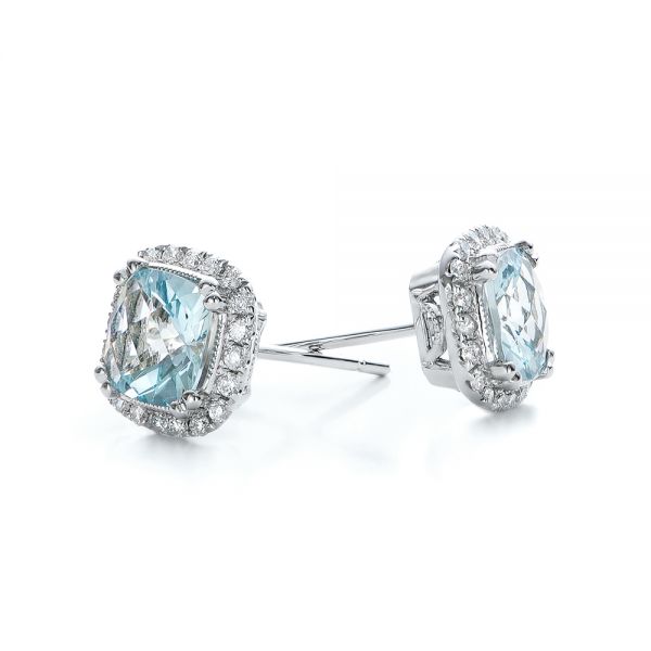 14k White Gold Aquamarine And Diamond Halo Earrings - Front View -  101015