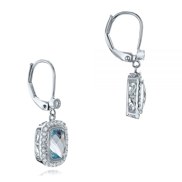 14k White Gold Aquamarine And Diamond Halo Earrings - Front View - 101937