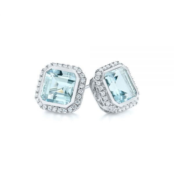 14k White Gold Aquamarine And Diamond Halo Earrings - Front View -  105442