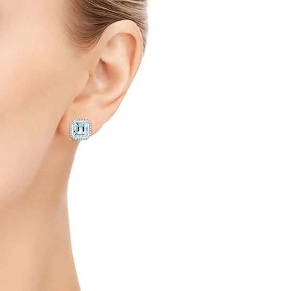 14k White Gold Aquamarine And Diamond Halo Earrings - Hand View -  105442
