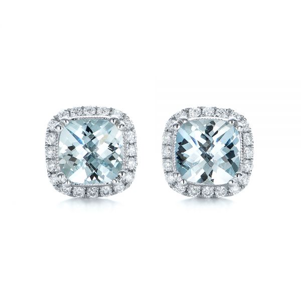 18k White Gold 18k White Gold Aquamarine And Diamond Halo Earrings - Three-Quarter View -  101015