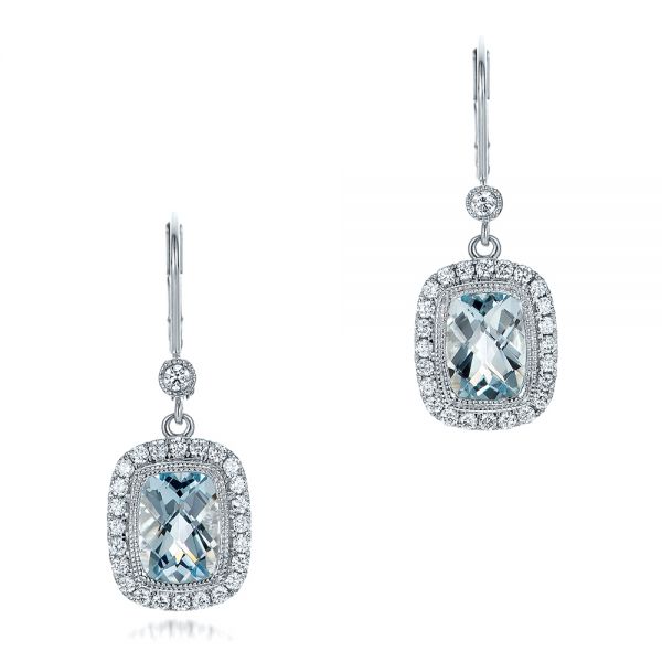  Platinum Platinum Aquamarine And Diamond Halo Earrings - Three-Quarter View -  101937