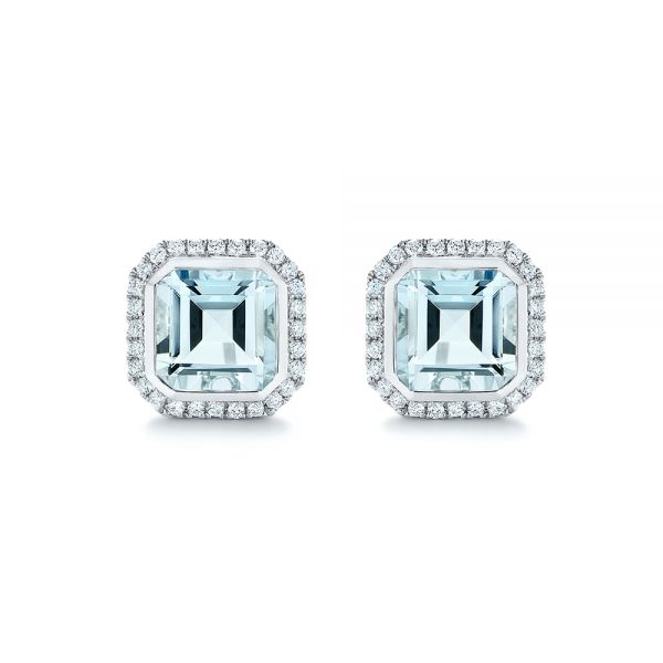 14k White Gold Aquamarine And Diamond Halo Earrings - Three-Quarter View -  105442