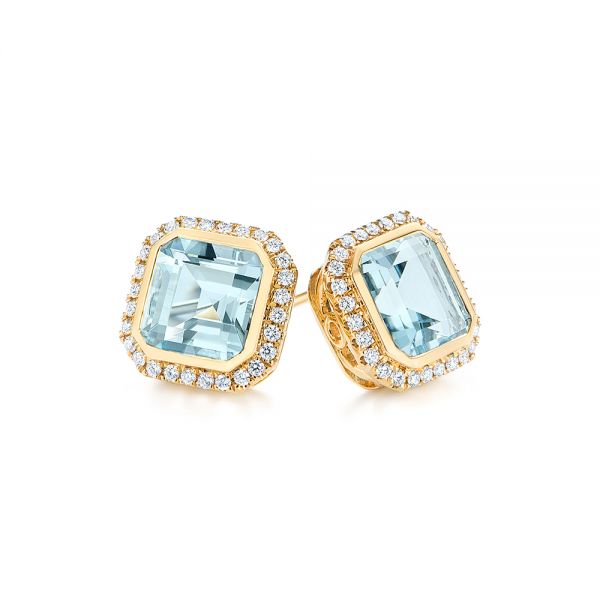 14k Yellow Gold 14k Yellow Gold Aquamarine And Diamond Halo Earrings - Front View - 105442
