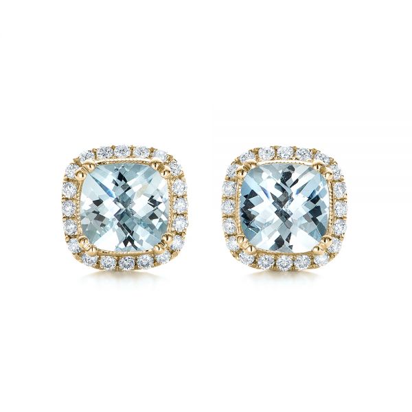 18k Yellow Gold 18k Yellow Gold Aquamarine And Diamond Halo Earrings - Three-Quarter View -  101015