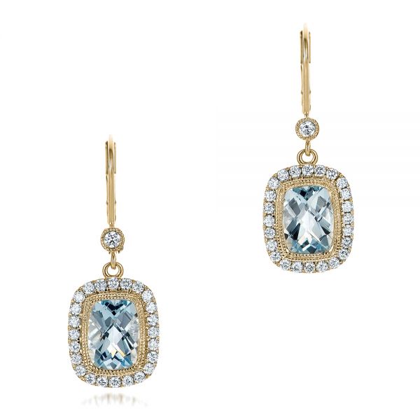 14k Yellow Gold 14k Yellow Gold Aquamarine And Diamond Halo Earrings - Three-Quarter View -  101937