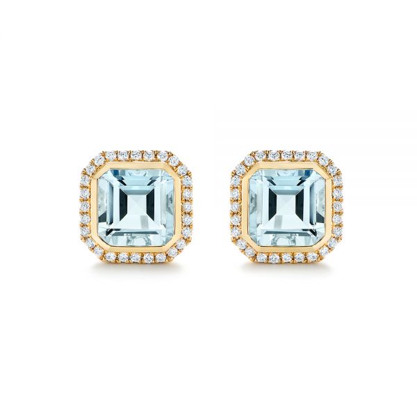 18k Yellow Gold 18k Yellow Gold Aquamarine And Diamond Halo Earrings - Three-Quarter View -  105442