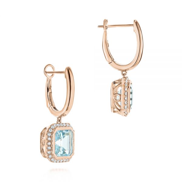 14k Rose Gold 14k Rose Gold Aquamarine And Diamond Huggies - Front View - 105413