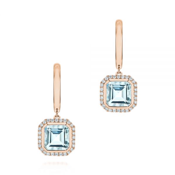 18k Rose Gold 18k Rose Gold Aquamarine And Diamond Huggies - Three-Quarter View -  105413