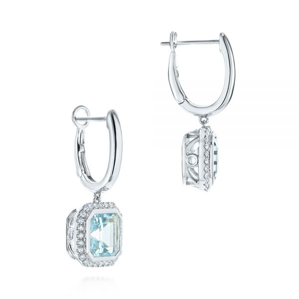 14k White Gold Aquamarine And Diamond Huggies - Front View -  105413