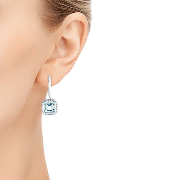 14k White Gold Aquamarine And Diamond Huggies - Hand View - 105413