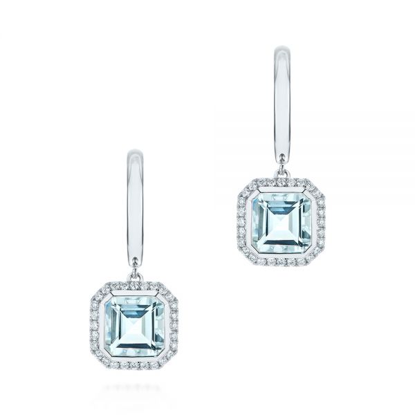 14k White Gold Aquamarine And Diamond Huggies - Three-Quarter View -  105413