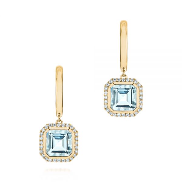 14k Yellow Gold 14k Yellow Gold Aquamarine And Diamond Huggies - Three-Quarter View -  105413