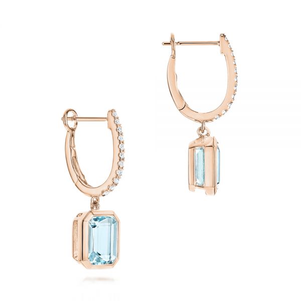 18k Rose Gold 18k Rose Gold Aquamarine And Diamond Stud Huggies - Front View -  106447