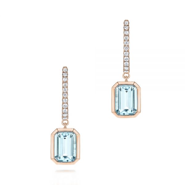 18k Rose Gold 18k Rose Gold Aquamarine And Diamond Stud Huggies - Three-Quarter View -  106447