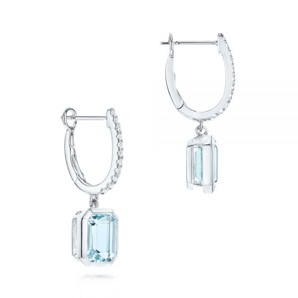14k White Gold 14k White Gold Aquamarine And Diamond Stud Huggies - Front View - 106447