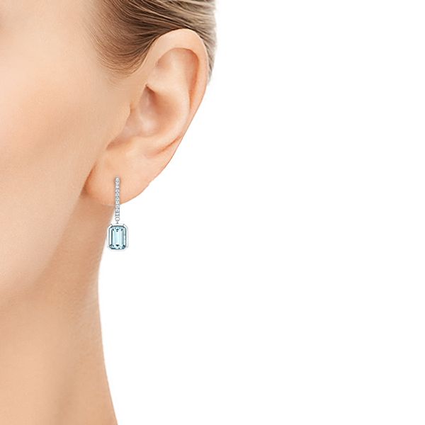 14k White Gold 14k White Gold Aquamarine And Diamond Stud Huggies - Hand View - 106447